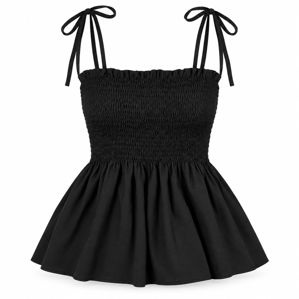 Lyaner Womens Smocked Peplum Tie Shoulder Camisole Top Black Size S